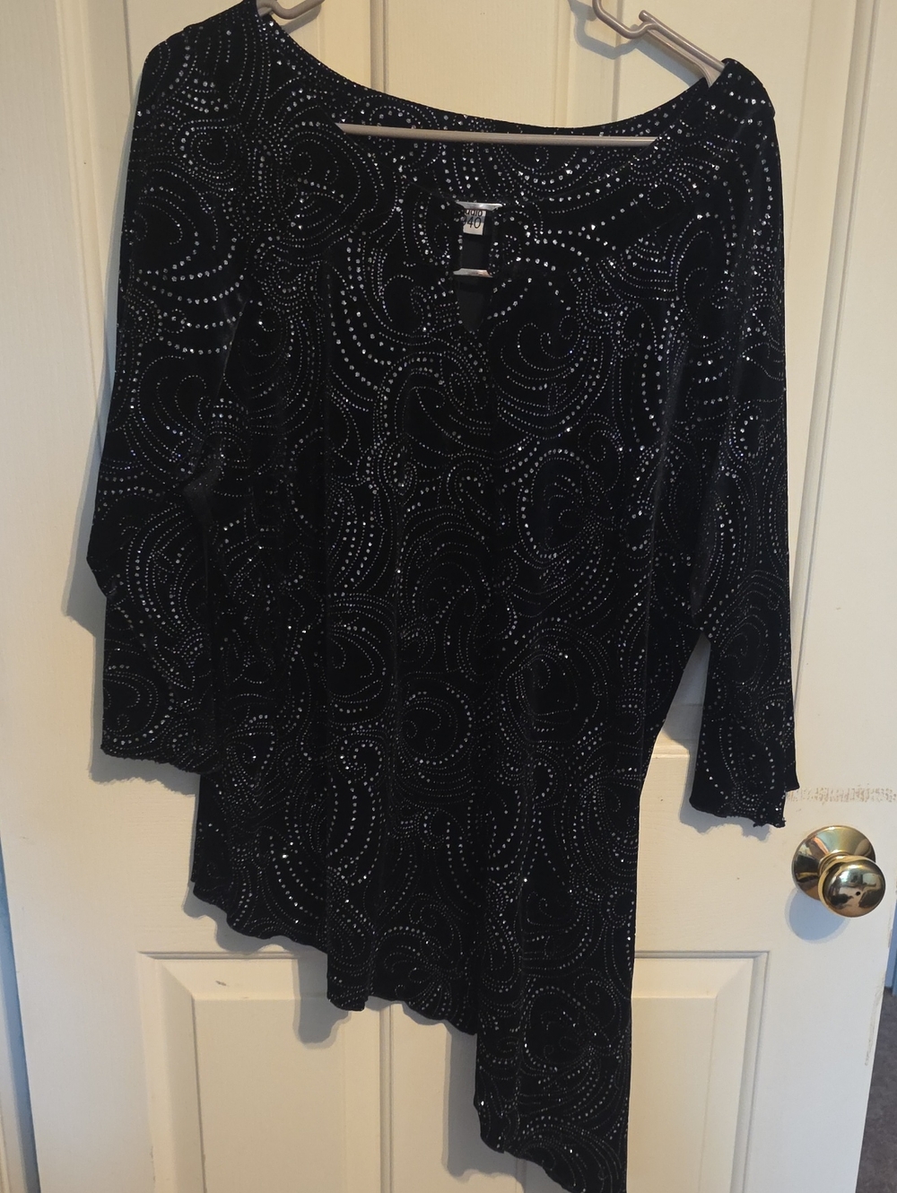 Studio 1940 Black Velvet Top with Silver Rhinestone Swirls and Bar Detail